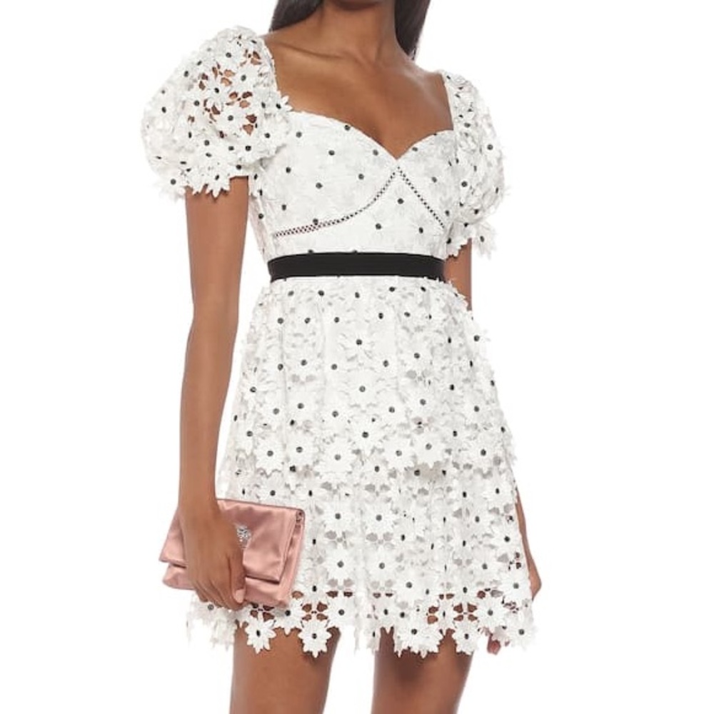 SELF-PORTRAIT Puff-sleeve daisy-lace midi dress